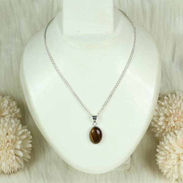 Natural Tiger Eye Oval Shape Pendant Locket with Metal Chain for Unisex