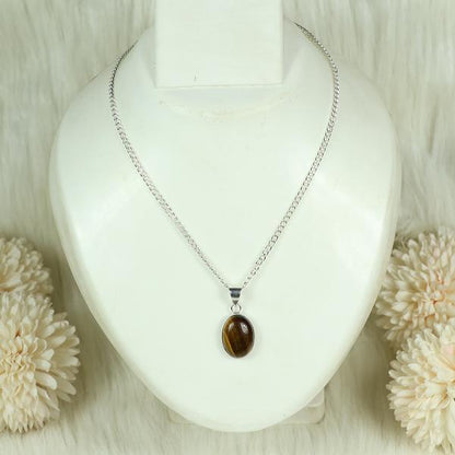 Natural Tiger Eye Oval Shape Pendant Locket with Metal Chain for Unisex