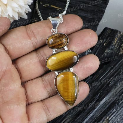 Natural Tiger Eye Stone Pendant with Metal Chain Crystal Stone Pendant