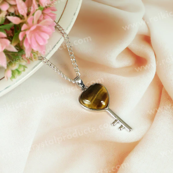 Natural Crystal Stone Heart Key Shape Pendant - Locket with Metal Chain