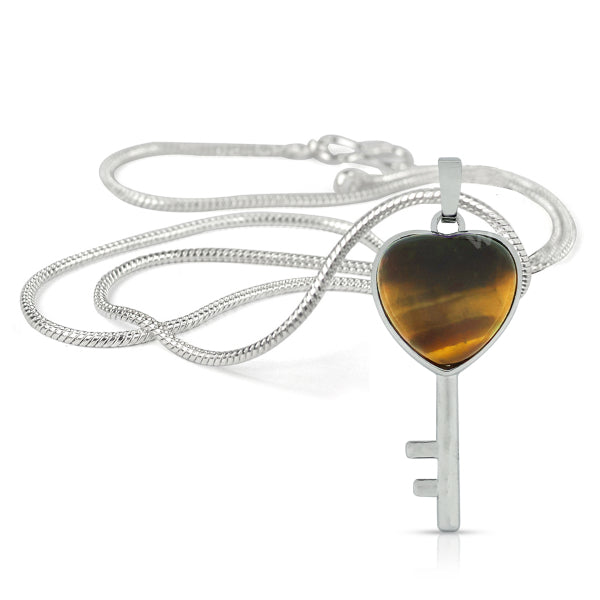 Natural Crystal Stone Heart Key Shape Pendant - Locket with Metal Chain