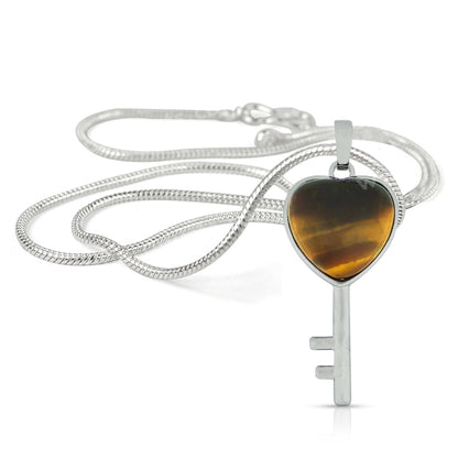 Natural Crystal Stone Heart Key Shape Pendant - Locket with Metal Chain