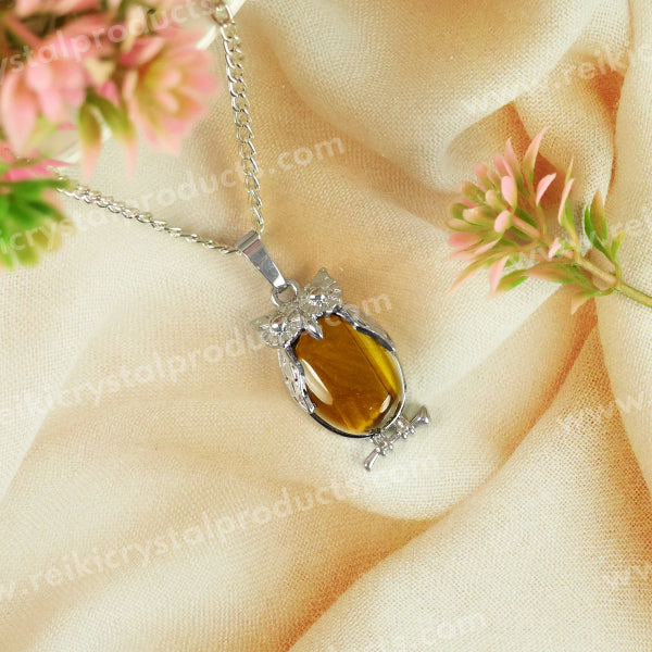 Natural Crystal Stone Owl Shape Pendant - Locket with Metal Chain