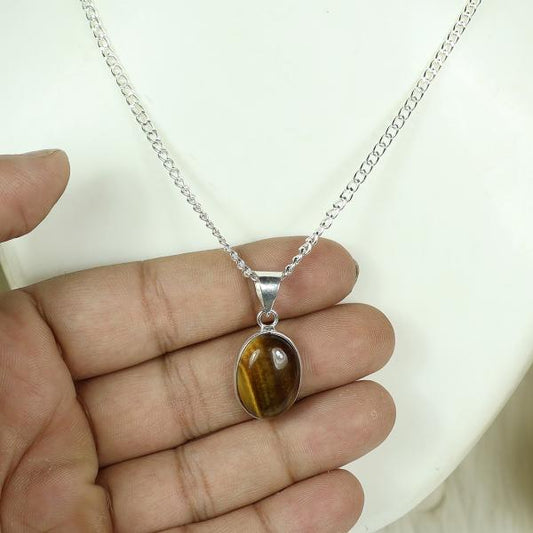 Natural Tiger Eye Oval Shape Pendant Locket with Metal Chain for Unisex