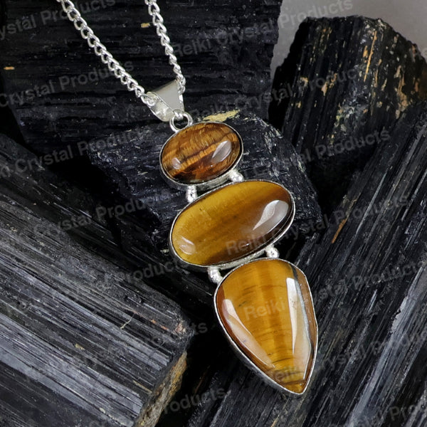 Natural Tiger Eye Stone Pendant with Metal Chain Crystal Stone Pendant