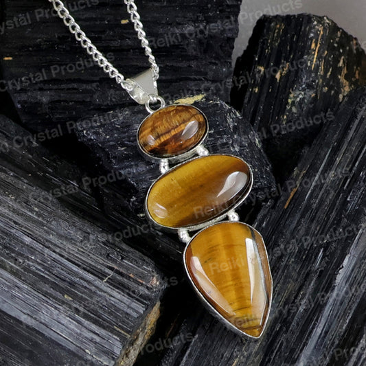 Natural Tiger Eye Stone Pendant with Metal Chain Crystal Stone Pendant