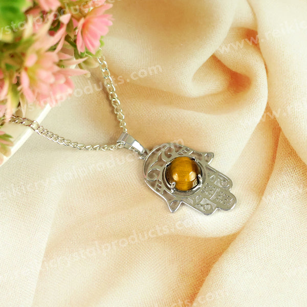 Natural Crystal Stone Hamsa Charm Pendant - Locket with Metal Chain