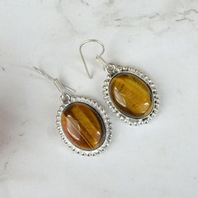 Polished Tiger Eye Oval Crystal Earrings Close View