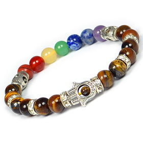Tiger Eye & 7 Chakra with Hamsa 8 mm Beads Bracelet for Reiki Healing
