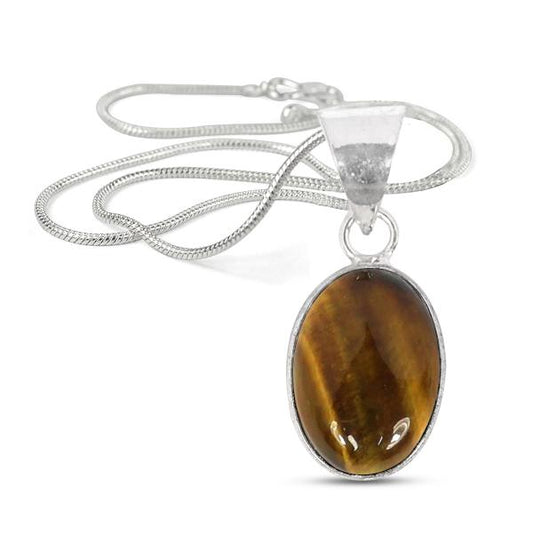 Natural Tiger Eye Oval Shape Pendant Locket with Metal Chain for Unisex