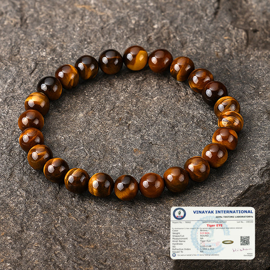 Certified Tiger Eye 8 mm Round Bead Bracelet