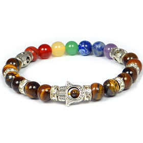 Tiger Eye & 7 Chakra with Hamsa 8 mm Beads Bracelet for Reiki Healing