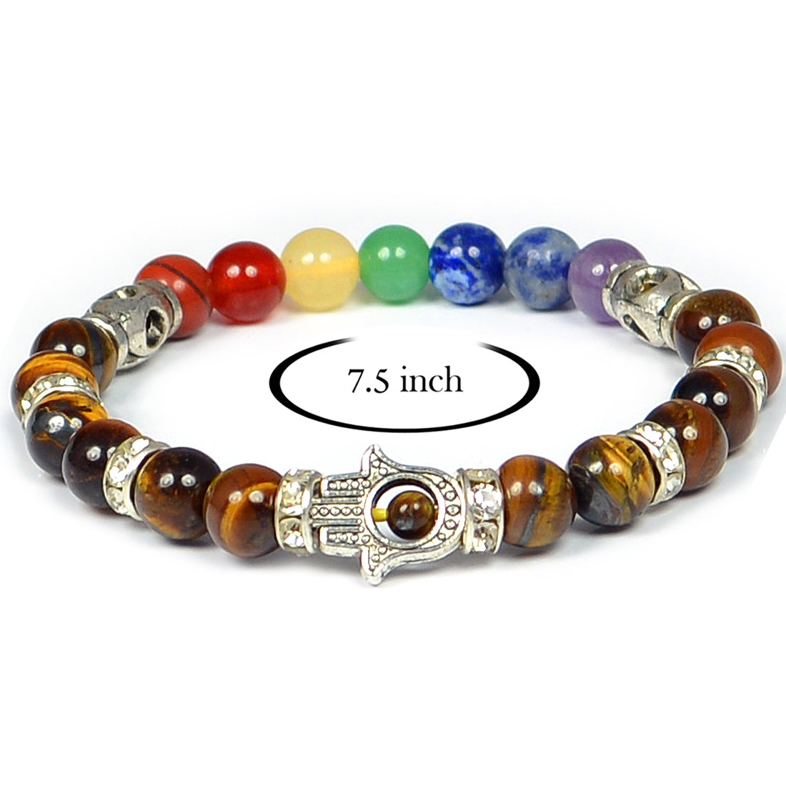 Tiger Eye & 7 Chakra with Hamsa 8 mm Beads Bracelet for Reiki Healing