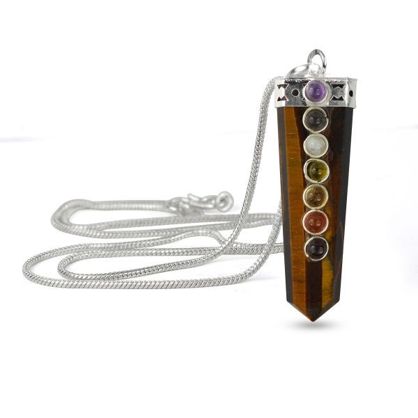 Tiger Eye Flat Stick 7 Chakra Beads Pendant with Metal Chain