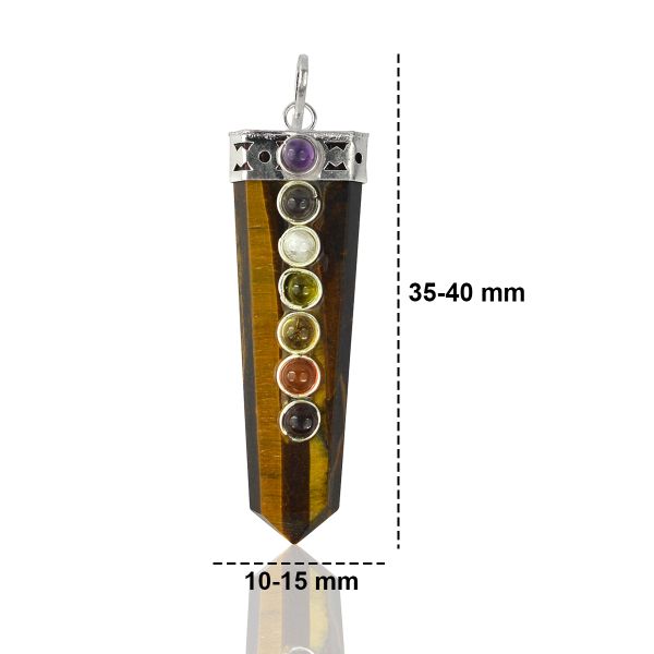 Tiger Eye Flat Stick 7 Chakra Beads Pendant with Metal Chain