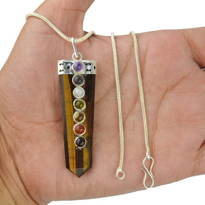 Tiger Eye Flat Stick 7 Chakra Beads Pendant with Metal Chain