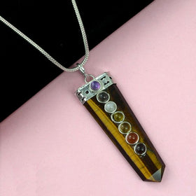 Tiger Eye Flat Stick 7 Chakra Beads Pendant with Metal Chain