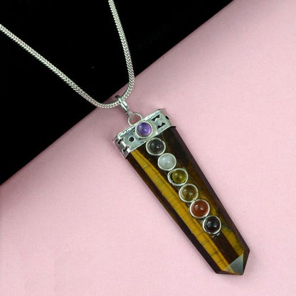 Tiger Eye Flat Stick 7 Chakra Beads Pendant with Metal Chain