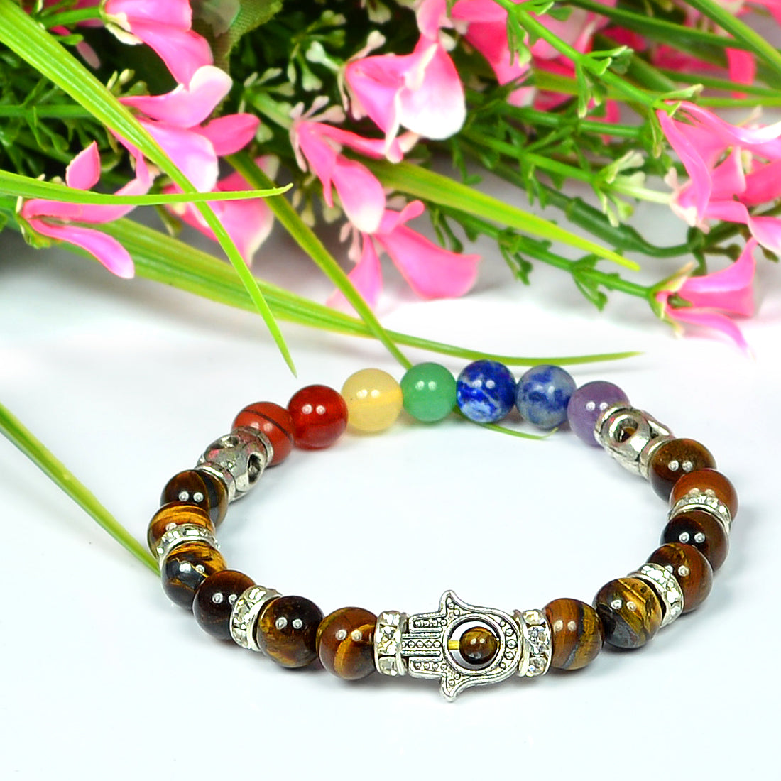 Tiger Eye & 7 Chakra with Hamsa 8 mm Beads Bracelet for Reiki Healing