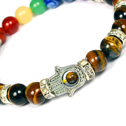 Tiger Eye & 7 Chakra with Hamsa 8 mm Beads Bracelet for Reiki Healing