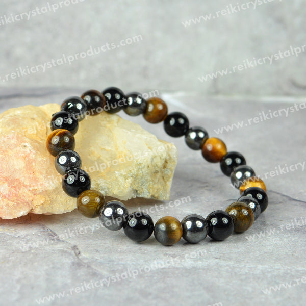 Certified Triple Protection 8 mm Bracelet Hematite, Tiger Eye, Black Tourmaline