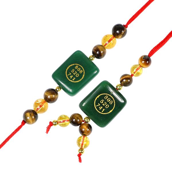 Rakhi Lumba Set Crystal Stone Citrine, Tiger Eye with Green Aventurine Jade Zibu Coin Combo Rakhi Set for Bhaiya Bhabhi and Brother Sister (2 Pc) | Reiki Energized Raksha Bandhan Rakhi for Prosperity, Good Luck & Family Bonding