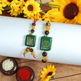 Rakhi Lumba Set Crystal Stone Citrine, Tiger Eye with Green Aventurine Jade Zibu Coin Combo Rakhi Set for Bhaiya Bhabhi and Brother Sister (2 Pc) | Reiki Energized Raksha Bandhan Rakhi for Prosperity, Good Luck & Family Bonding
