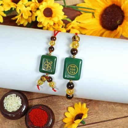 Rakhi Lumba Set Crystal Stone Citrine, Tiger Eye with Green Aventurine Jade Zibu Coin Combo Rakhi Set for Bhaiya Bhabhi and Brother Sister (2 Pc) | Reiki Energized Raksha Bandhan Rakhi for Prosperity, Good Luck & Family Bonding