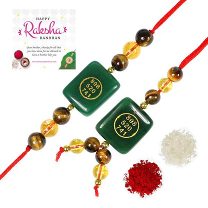 Rakhi Lumba Set Crystal Stone Citrine, Tiger Eye with Green Aventurine Jade Zibu Coin Combo Rakhi Set for Bhaiya Bhabhi and Brother Sister (2 Pc) | Reiki Energized Raksha Bandhan Rakhi for Prosperity, Good Luck & Family Bonding