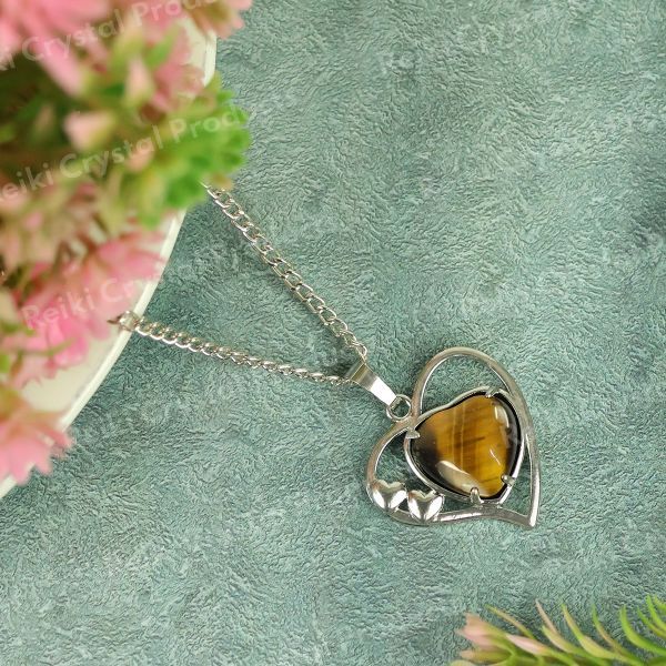 Natural Crystal Stone Heart Shape Metal Pendant - Locket with Metal Chain