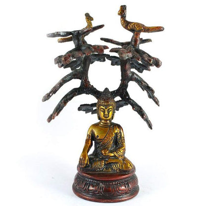 Brass Sitting Tree Lord Buddha Blessing Antique Idol Art Decor Gifts, 15 cm