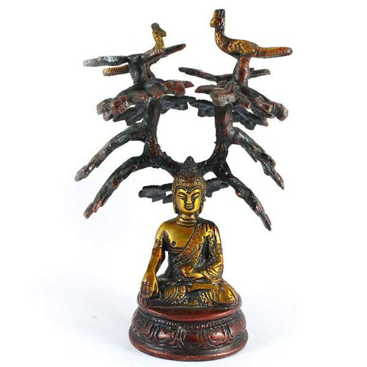 Brass Sitting Tree Lord Buddha Blessing Antique Idol Art Decor Gifts, 15 cm