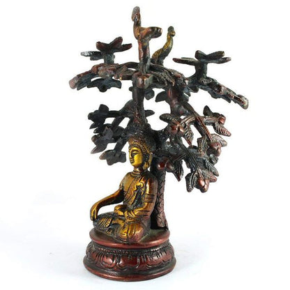 Brass Sitting Tree Lord Buddha Blessing Antique Idol Art Decor Gifts, 15 cm