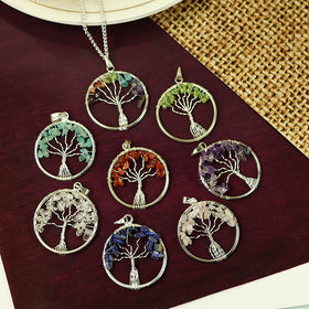 Natural Crystal Stone Tree of Life Pendant Size 35-40 mm with Metal Chain
