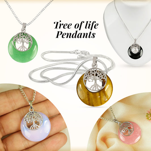 Natural Crystal Stone Tree of Life Charm Pendant - Locket with Metal Chain