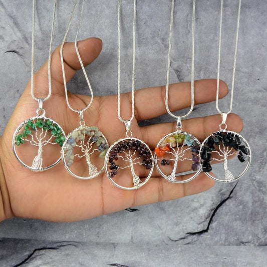 Natural Crystal Stone Tree of Life Pendant Size 35-40 mm with Metal Chain