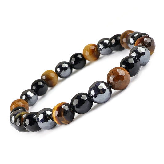 Triple Protection Black Onyx Tiger Eye Hematite 8 mm Faceted Bead Bracelet