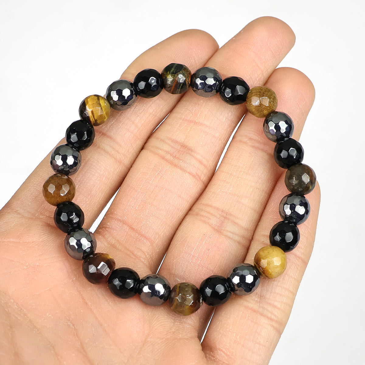 Triple Protection Black Onyx Tiger Eye Hematite 8 mm Faceted Bead Bracelet