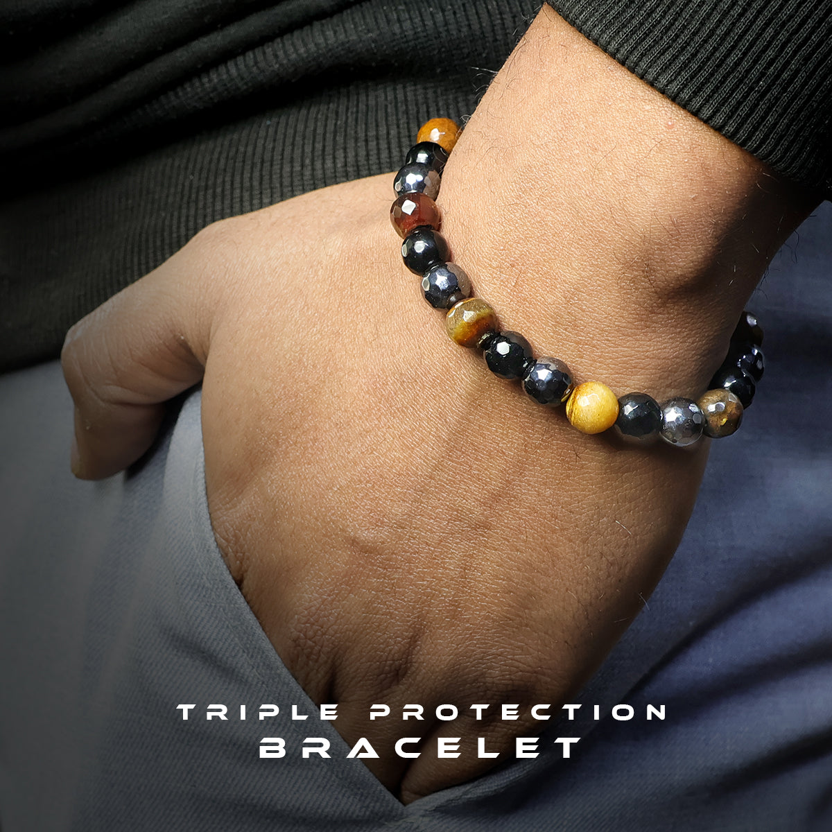Triple Protection Black Onyx Tiger Eye Hematite 8 mm Faceted Bead Bracelet