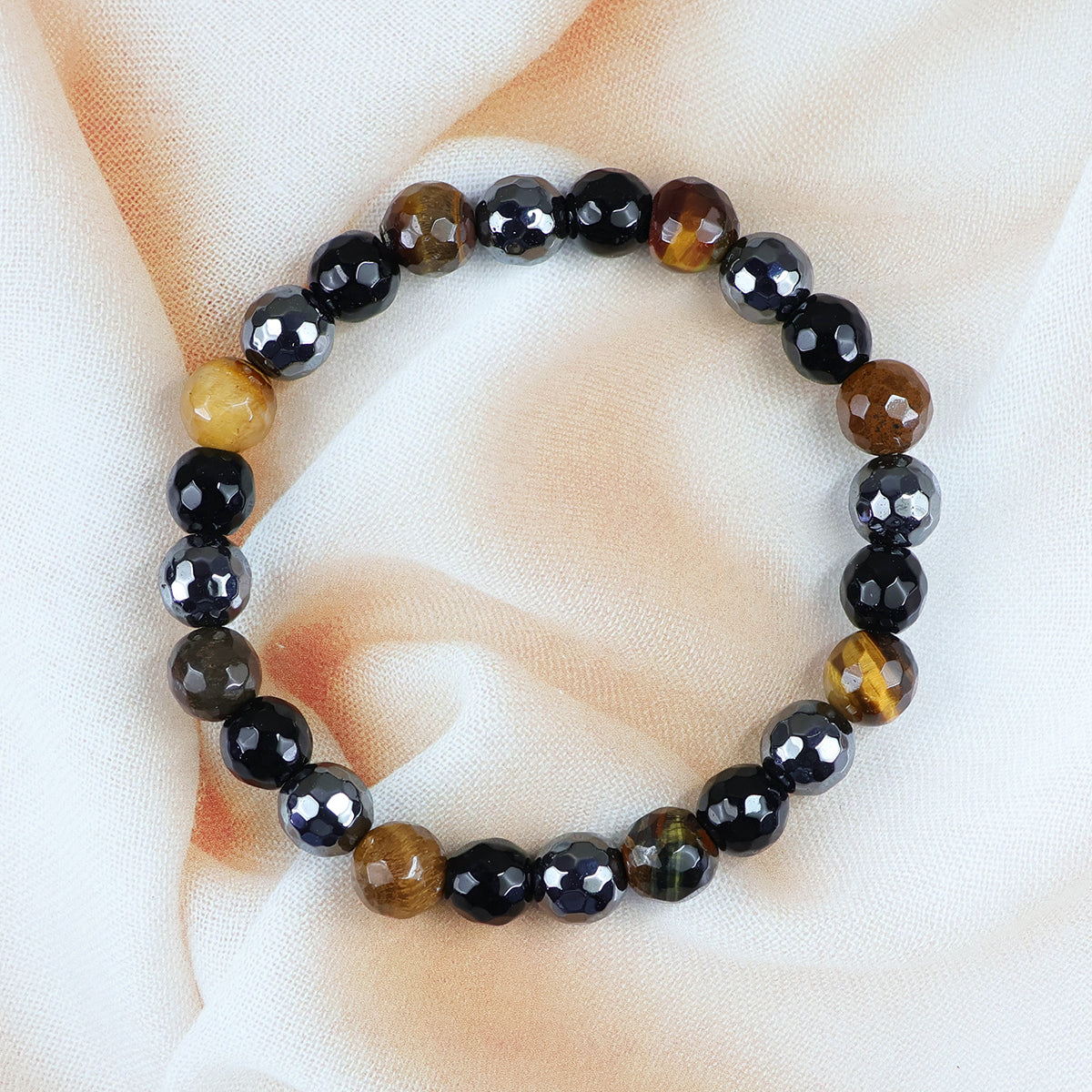 Triple Protection Black Onyx Tiger Eye Hematite 8 mm Faceted Bead Bracelet