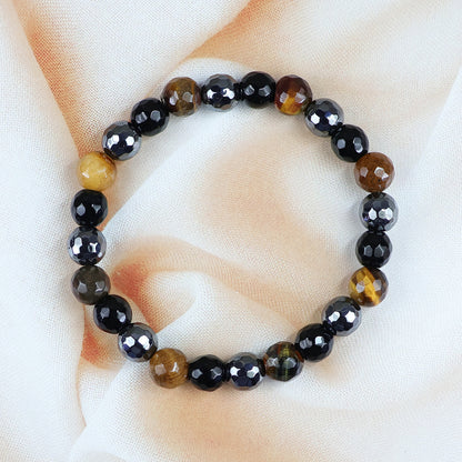 Triple Protection Black Onyx Tiger Eye Hematite 8 mm Faceted Bead Bracelet