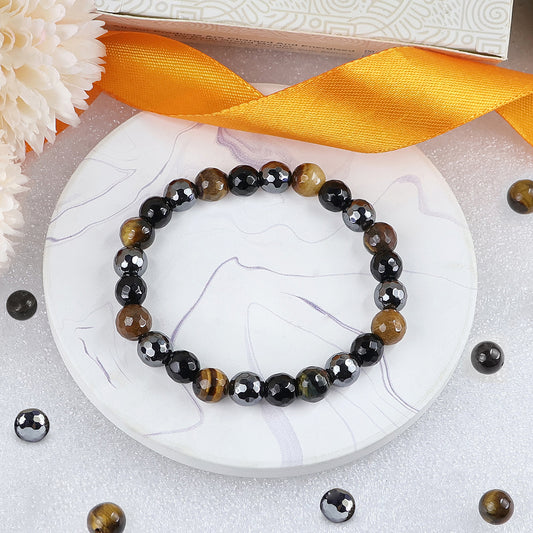 Triple Protection Black Onyx Tiger Eye Hematite 8 mm Faceted Bead Bracelet