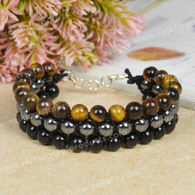 Triple Protection Bracelet Hematite Tiger Eye Black Onyx Macrame Adjustable Wristband