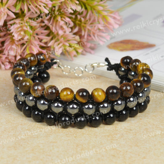 Triple Protection Black Onyx Macrame Nylon Cord Adjustable Wristband Triple line Stone Bracelet