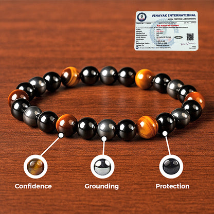 Certified Triple Protection 8 mm Bracelet Hematite, Tiger Eye, Black Tourmaline