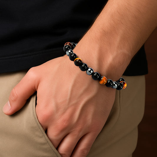 Certified Triple Protection 8 mm Bracelet Hematite, Tiger Eye, Black Tourmaline