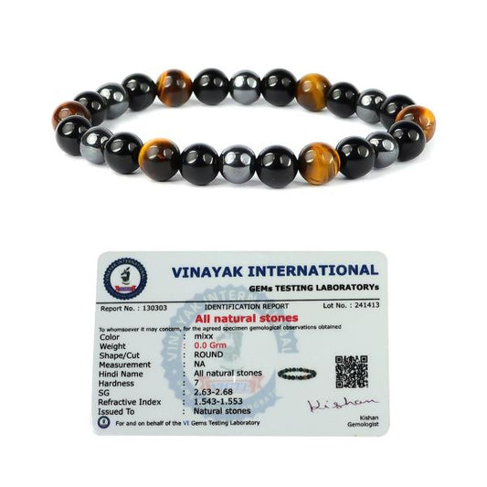 Certified Triple Protection 8mm Bracelet Hematite, Tiger Eye, Black Obsidian