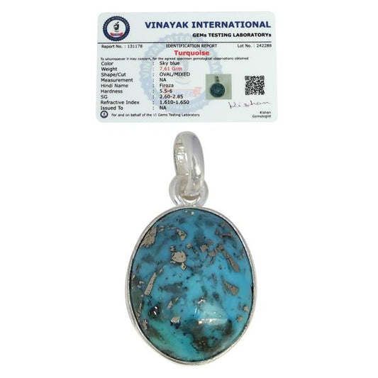 Certified Firoza Turquoise Gemstone Pendant Original Silver 92.5 Pendant 6 CT