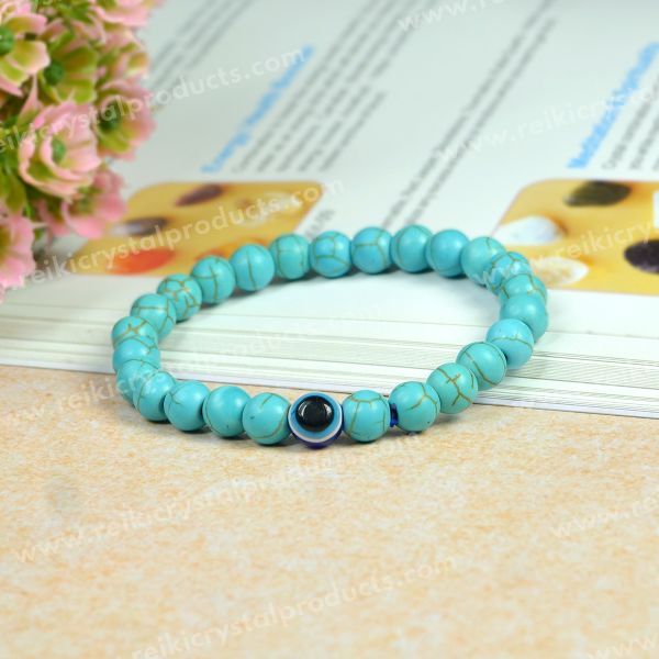 Natural Semi Precious Crystal Stones with Evil Eye 8 mm Bead Bracelet for Unisex