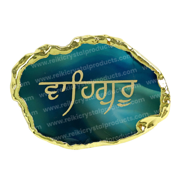 Crystal Stone Agate Waheguru Symbol Sileces & Coaster for Table Decoration